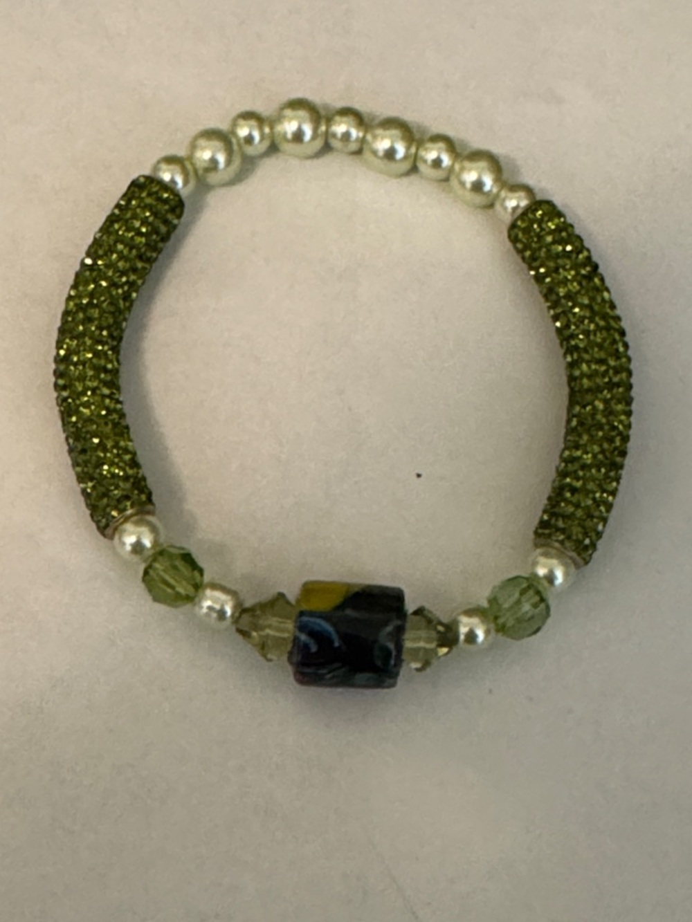 Olive Green Tube & Bead Stretch Bracelet, unique rhinestone noodle beads,